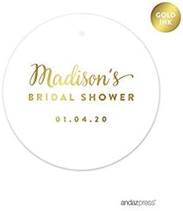 Andaz Press Personalized Round Circle Wedding Gift Tags, Metallic Gold Ink, Bridal Shower, 24-Pack, Custom Made Any Name