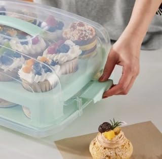 Cupcake Carrier, EXTRA TALL LID, Green Cupcake Holder Carries 24 Standard-Size Cupcakes, Muffin Traveler Two Tier Stand Reusable Cupcake Box