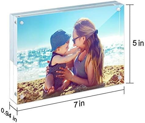 HELPLEX Acrylic Frame, 5 Pack 5x7 Acrylic Picture Frames, 24mm Thicker Frameless Clear Frame Double Sided Magnetic Frame, Free Standing Desktop Display Stand