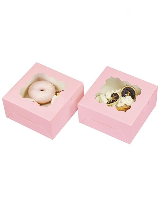 Bakepacker 100pcs Pink Cookie Boxes 6x6x3 inches Easy Assemble Macaroon Pastry Boxes Bakery Boxes with Window for Bakery