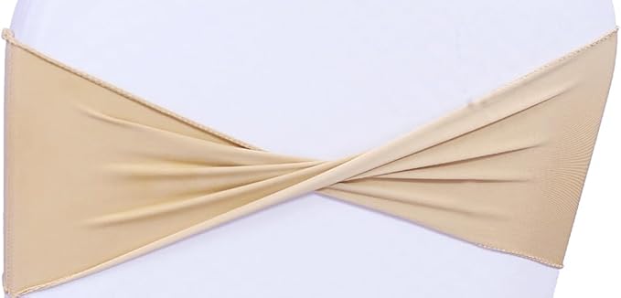 MDS Pack of 150 Spandex Chair Sashes Bows Elastic Stretch Dining Chair Bands Ties Without Slider Buckle Universal fits for Wedding Baby Shower Birthday Party Banquet Event Decoration - Champagne Gold