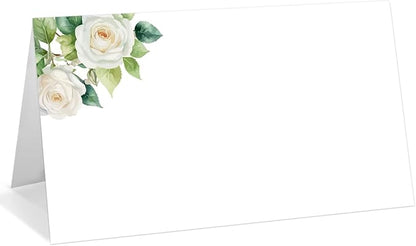 25 Pack White Flower Place Cards, Editable Name Cards for Table Setting, Tent Cards Food Label for Dinner Party, Bridal Shower, Wedding, Baby Shower and Events -T09