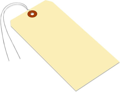SmartSign Blank Manila Shipping Tags with Wire, Size-10, Pack of 100, 15pt Thick Prewired Cardstock Tag, 7.25 x 3.625 inch Paper Hang Tags with Reinforced Fiber Patch