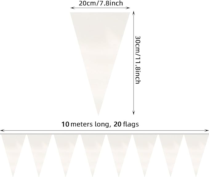 20M/65FT White Triangle Pennant Banner Flag Metallic Fabric Bunting Garland for Christmas Graduation Wedding Engagement Anniversary Bachelorette Birthday Bridal Shower Valentines Hen Party Supplies