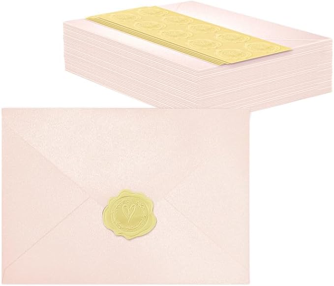 50 PCS Pearl Pink A7 Envelopes with Stickers, Shimmering 5x7 Envelopes for Invitations, Great for Wedding Invitation Cards, Birthday RSVP, Graduation, Baby Shower 5.25 x 7.25 inches