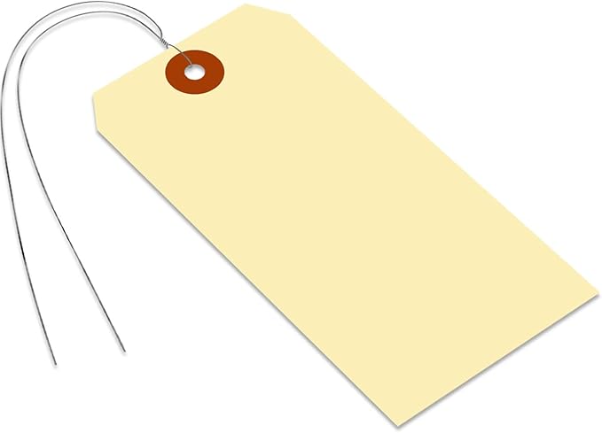 SmartSign Blank Manila Shipping Tags with Wire, Size-6, Pack of 100, 13pt Thick Prewired Cardstock Tag, 5.25 x 2.625 inch Paper Hang Tags with Reinforced Fiber Patch
