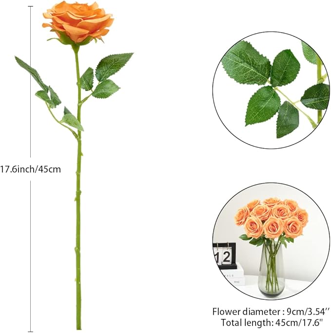 Artificial Rose 10pcs Orange Open Flower Bouquet Faux Rose Stems for Wedding Arrangement, Bridal Bouquet, Centerpiece, Fake Faux Silk Flowers