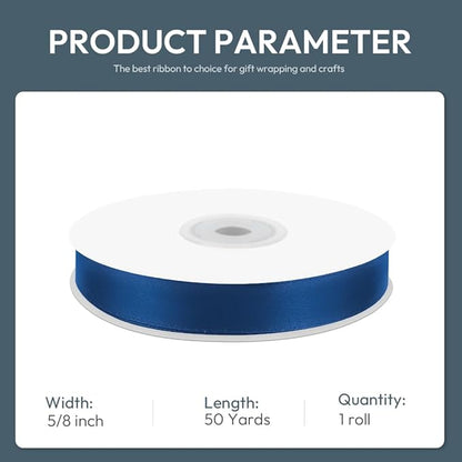 KMER LIFE 5/8" Wide x 50 Yards Navy Blue Polyester Satin Ribbon - Perfect for Wedding Decor, Wreath, Crafts, Gift Wrapping & Other Projects