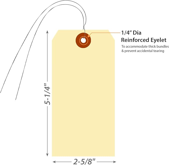 SmartSign Blank Manila Shipping Tags with Wire, Size-6, Pack of 100, 13pt Thick Prewired Cardstock Tag, 5.25 x 2.625 inch Paper Hang Tags with Reinforced Fiber Patch