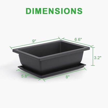 GROWNEER 6 Pack 9 Inch Bonsai Pots with Drainage Humidity Trays, Bonsai Tree Training Kits with 1 Repotting Mat, Rectangle Planter Plants Container Growing Pot for Garden Outside Indoor