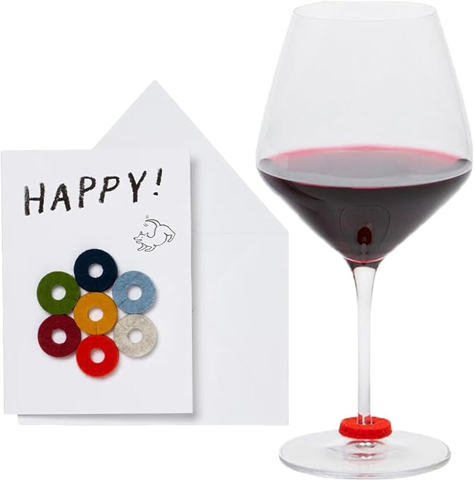 Graf Lantz - Wine-Ote's Merino Wool Wine Glass Charms (Happy) 7 Count - Drink Markers with Note Card - Reusable - 7 Colors - Boho Style - Home Decor, Party Favors & Vacation Essentials - 5mm Felt