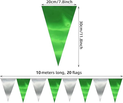 20M/65FT Green Silver Triangle Pennant Banner Flag Metallic Fabric Bunting Garland for Christmas Graduation Wedding Engagement Anniversary Bachelorette Birthday Bridal Shower Hen Party Supplies