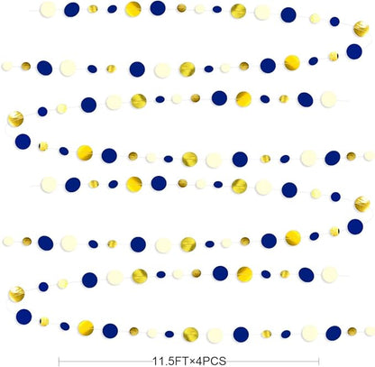 46 Ft Navy Blue and Gold Circle Dots Garland Royal Blue Hanging Paper Polka Dot Streamer for Birthday Wedding Bridal Baby Shower Graduations Nautical Ahoy Achor Pirate Theme Party Decorations Supplies