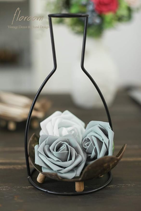 Floroom Artificial Flowers 50pcs Real Looking Silver Grey Foam Fake Roses with Stems for DIY Wedding Bouquets Bridal Shower Centerpieces Floral Arrangements Party Tables Home Decorations