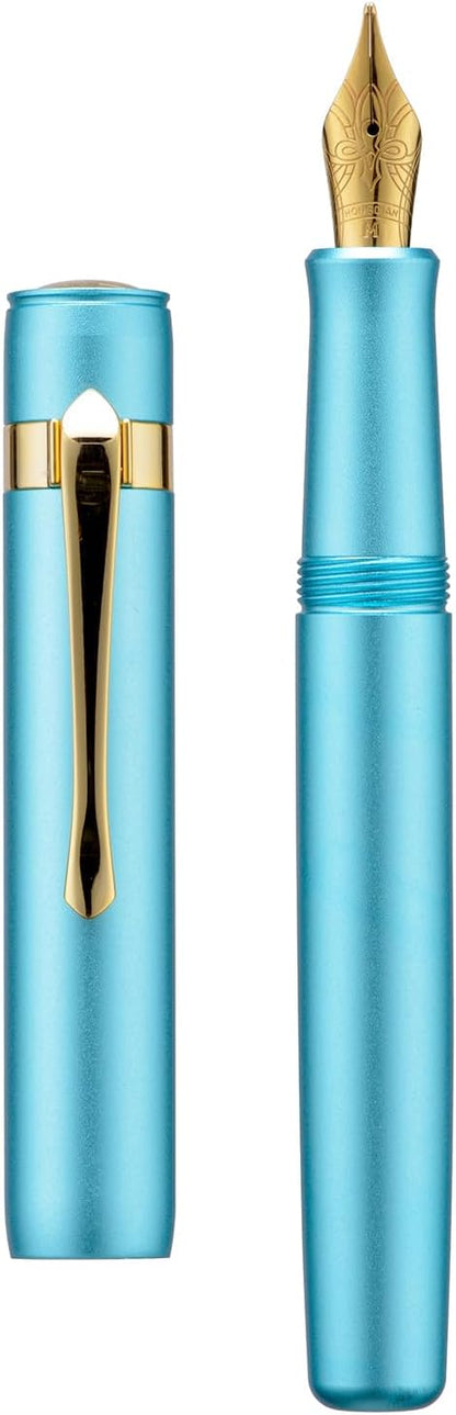HONG DIAN M2 Black Forest Mini Fountain Pen, Medium Soft Nib & Sleek Shape Aluminium Short Pocket Travel Pen (Lake Blue)