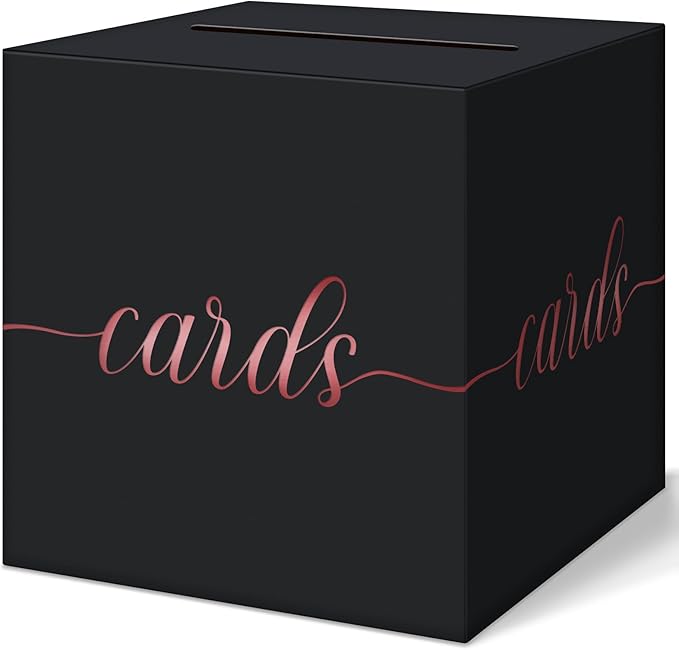 QIKSION Black Wedding Card Box, Rose Gold Foil Gift Card Box for Party, Wedding Reception, Graduation, Birthday, Baby Shower, Raffle