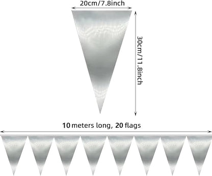 40M/130FT Silver Triangle Pennant Banner Flag Metallic Fabric Bunting Garland for Christmas Graduation Wedding Engagement Anniversary Bachelorette Birthday Bridal Shower Valentines Hen Party Supplies