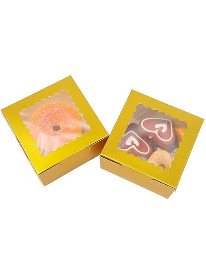 Bakepacker 60pcs Gold Bakery Boxes with Window 4x4x2.5 inches Thick & Sturdy Macaroon Pastry & Cookie Boxes