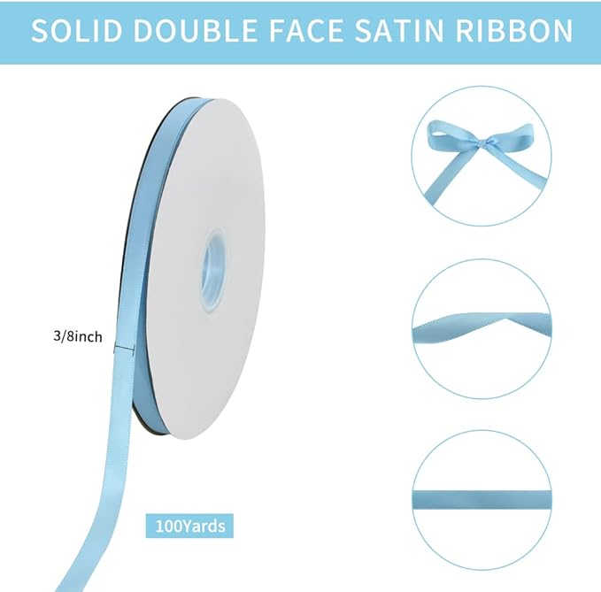 TONIFUL 3/8 Inch x 100yds Sky Blue Satin Ribbon Thin Solid Fabric Ribbons Roll for Gift Wrapping Invitation Floral Hair Balloons Craft Sewing Party Wedding Popsicles Decoration Valentine's Day Bouquet