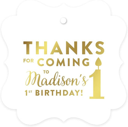 Andaz Press Personalized Fancy Frame Square Birthday Gift Tags, Metallic Gold Ink, Thanks for Coming to My 1st Birthday, 24-Pack, Custom Made Name