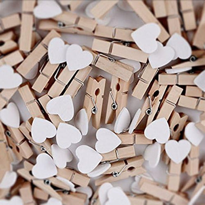 100 Pcs White Mini Wooden Heart Clothespins 3.5 cm with Spring Wooden Photo Paper Pegs Craft Clips for Wedding Party Decor with 100 Feet Jute Twine
