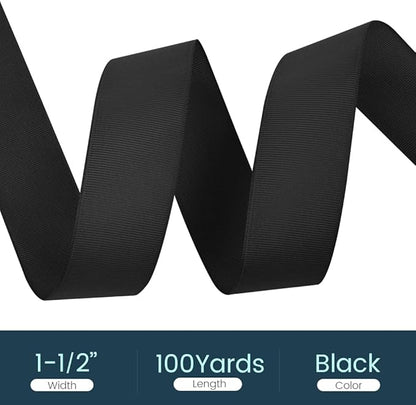 1-1/2" X 100 Yards Black Grosgrain Ribbon, Premium Grosgrain Ribbon for Sewing, Gift Wrapping, Bow Making, Wedding Decor, Wrapping and More (Black)