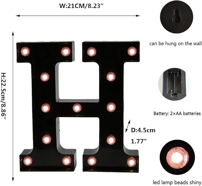 Light Up Black Alphabet Marquee Letters Sign LED Marquee Number Lights Sign for Night Light Home Bar Christmas Lamp Birthday Party Wedding Decoration H