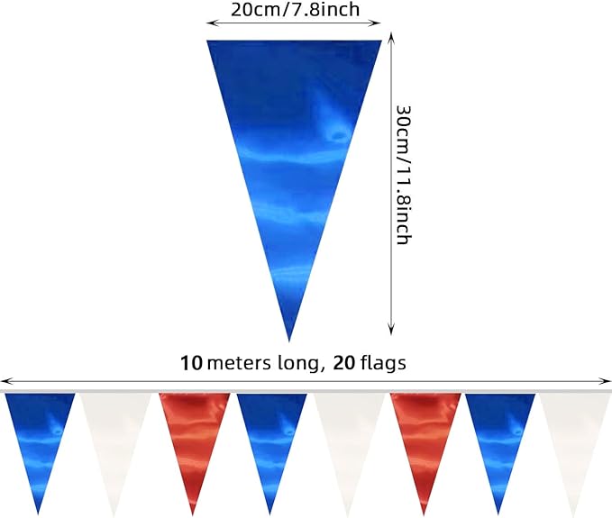40M/130FT White Blue Red Triangle Pennant Banner Flag Metallic Fabric Bunting Garland for Christmas Graduation, Independence Day, 4th of july, Patriotic Themed Party Decoration