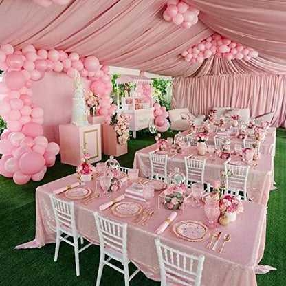 QueenDream Pink Tablecloth 90 x 132 Inch Sequin Tablecloth for Party Decorations Glitter Tablecloth for Bridal Baby Shower Wedding