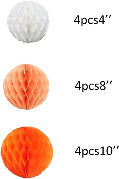 12pcs Party Honeycomb Balls Decorations - 4'' 8'' 10'' Honeycomb Ball Twin Tissue Pom Poms for Baby Shower Birthday Wedding Nursery Decor (Orange Kit)