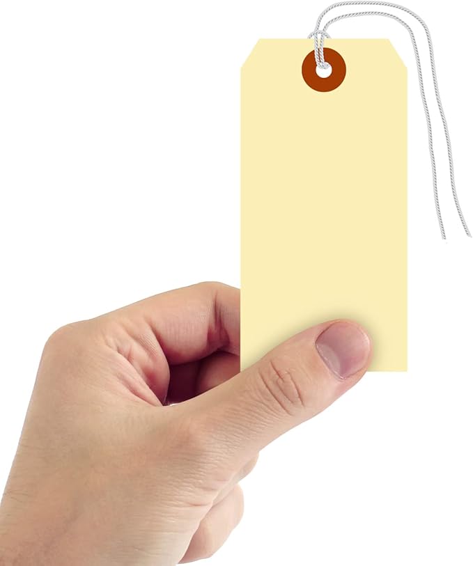 SmartSign Blank Shipping Tags with Pre-Attached Loop Strings, Size-5, Pack of 1000, 10pt Thick Manila Cardstock Tag, 4.75 x 2.375 inch Paper Hang Tags with Reinforced Fiber Patch
