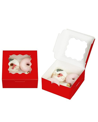 Bakepacker 100pcs Red Cookie Boxes 6x6x3 inches Easy Assemble Macaroon Pastry Boxes Bakery Boxes with Window for Bakery