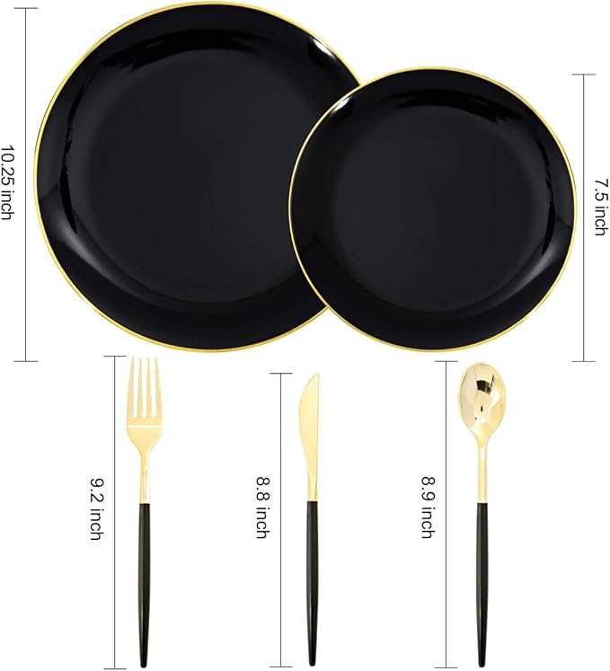 150pcs Black Plastic Plates, Black and Gold Plates,Gold Plastic Silverware,Black and Gold Dinnerware Set,Premiun Taleware,Perfect for Birthday,Party,Wedding,Anniversary