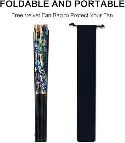 13" Large Rave Fan Bamboo, Folding Clack Hand Fans Foldable for Men Women, Boots on the Ground Poping Fan for EDM Festival Line Dance Decoration, (Alien, Large 13")