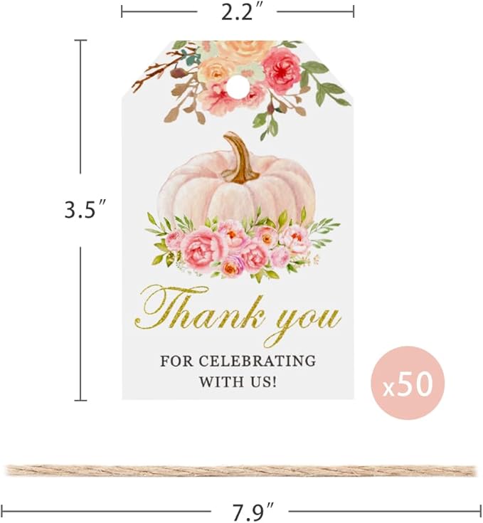 50 Pink Pumpkin Gift Tags - Fall Theme with String, Thank You Tags for Wedding, Birthday, Baby Shower & Party Favors (Two Colors)