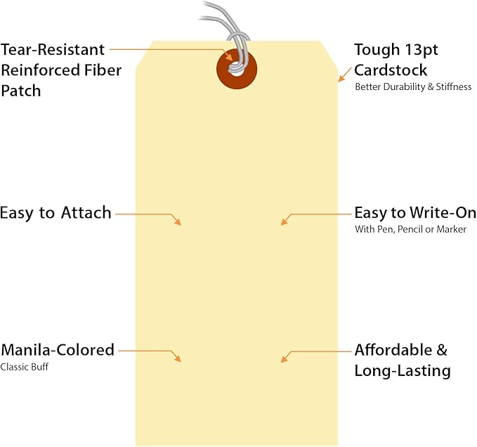 SmartSign Blank Manila Shipping Tags with Elastic Strings - Pack of 100, Size-8, 13pt Thick Pre-Strung Cardstock Tag, 6.25 x 3.125 inch, Paper Hang Tags with Reinforced Fiber Patch