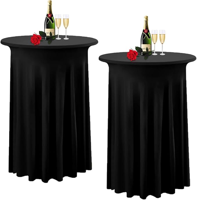 Albassa 2 Pack Cocktail Table Covers 32"x 43" Spandex Stretch Round Cocktail Tablecloths with Wavy Drapes Fitted High Top Bar Table Skirt for Wedding Party Banquet (Black, 2 PCS)