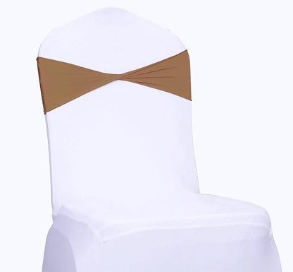 MDS Pack of 75 Spandex Chair Sashes Bows Elastic Stretch Dining Chair Bands Ties Without Slider Buckle Universal fits for Wedding Baby Shower Birthday Party Banquet Event Decoration - Mocha
