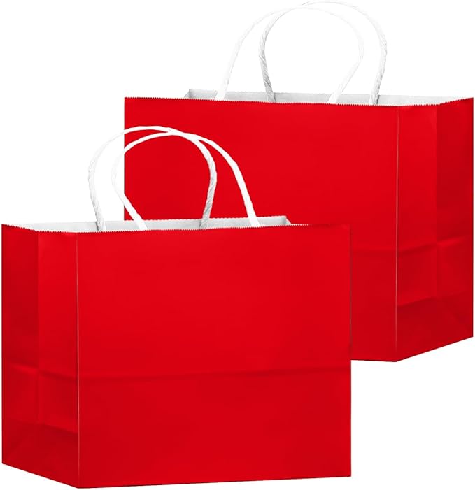 qiqee 50-Packs Red Paper Gift Bags with Handles Bulk 12.6"x4.3"x10" Wide Large Size Party Favor Bags Multiple Uses