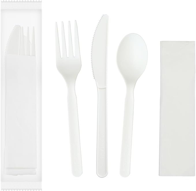 GreenWorks 6" Compostable CPLA Cutlery Kits, BPI Certified 200 Sets (Fork, Spoon,Knife,Napkin 4 in 1) Individually Wrapped With Compostable Bags，Alternative to Plastic Disposable Utensils