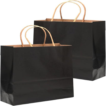 qiqee 50-Packs Black Paper Gift Bags with Handles Bulk 12.6"x4.3"x10" Wide Large Size Party Favor Bags Multiple Uses