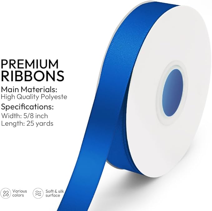 KMER LIFE 5/8 inch x 25 Yards Double Faced Polyester Royal Blue Satin Ribbon, Perfect for Gift Wrapping Very Suitable for Weddings Party Hair Bow Invitation Decorations and More