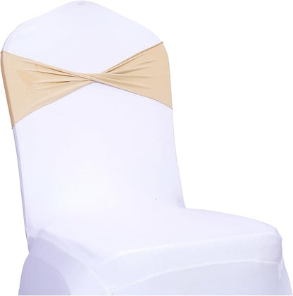 MDS Pack of 150 Spandex Chair Sashes Bows Elastic Stretch Dining Chair Bands Ties Without Slider Buckle Universal fits for Wedding Baby Shower Birthday Party Banquet Event Decoration - Champagne Gold