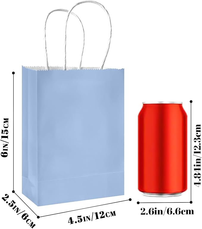 qiqee 50-Packs Light Blue Paper Gift Bags with Handles Bulk 4.5"x2.5"x6" Mini Size Party Favor Bags Multiple Uses