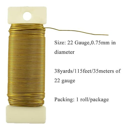 HAHIYO 22Gauge Dark Gold Metal Floral Wire - 1 Roll, 38 Yards (115 Feet) - Flexible Paddle Wire for Craft, Christmas Wreaths, Tree, Flower Arrangement, Bouquet Wrapping, Wedding, DIY