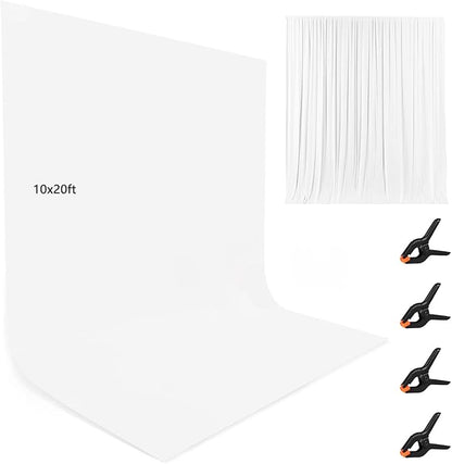 10X20ft White Photo Backdrops for Photography, LCUIRC TWO ROD POCKET White Backdrops Curtain for Parties, Polyester White background with 4 Clamps for Product Protrait Photoshoot or Parties Decoration