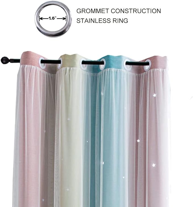 FANLI Ombre Rainbow Blackout Curtains for Kid Girls Bedroom Living Room Darking Stripe Double Layer Star Cut Out Wall Home Decor Gradient Grommet Window Curtains (Pink/Blue, 52W x 63L)