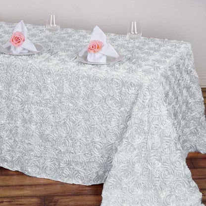 Efavormart 90"x132" Wholesale Rectangle Table Cover White Grandiose Rosette 3D Satin Tablecloth for Wedding Party Event Decoration