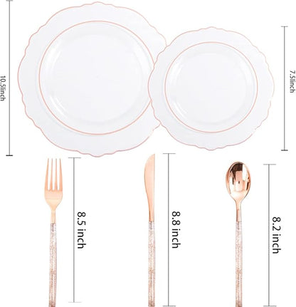 Liacere 150PCS Rose Gold Plastic Plates - Clear Rose Gold Disposable Plates with Glitter Bamboo Handle Cutlery - 60 Baroque Elegant Plates, 30 Forks, 30 Spoons, 30 Knives for Thanksging day&Chrismas