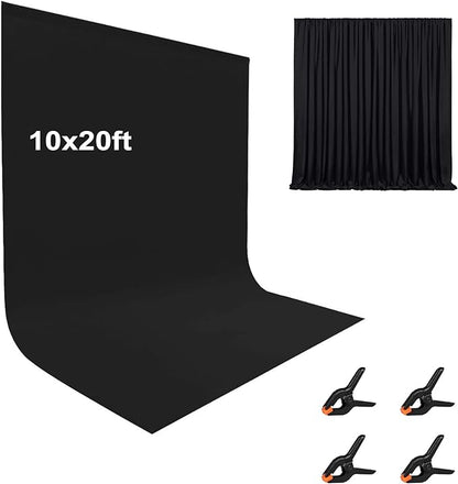 10X20ft Black Photo Backdrops for Photography, LCUIRC Two Rod Pocket Backdrops Curtain for Parties, Polyester Fabric Background with 4 Clamps for Product Protrait Photoshoot or Parties Decoration